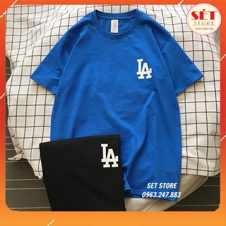Áo thun cổ tròn nam nữ unisex form rộng tay lỡ in chữ LA -ĐEN ,XANH -Setstore -AP128