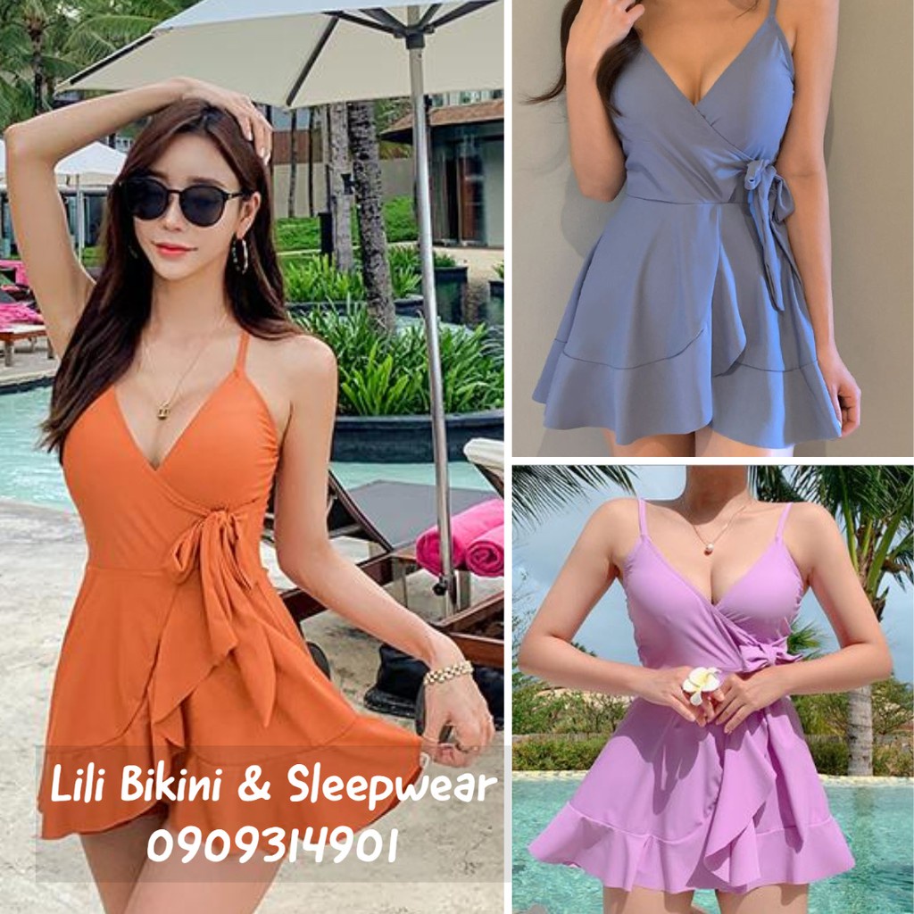 ✙▤(Có sẵn, có big size, hình thật) Bikini váy Hàn Quốc màu hot cam, xanh tím, bèo nhún xinh xắn, đan dây sau lưng