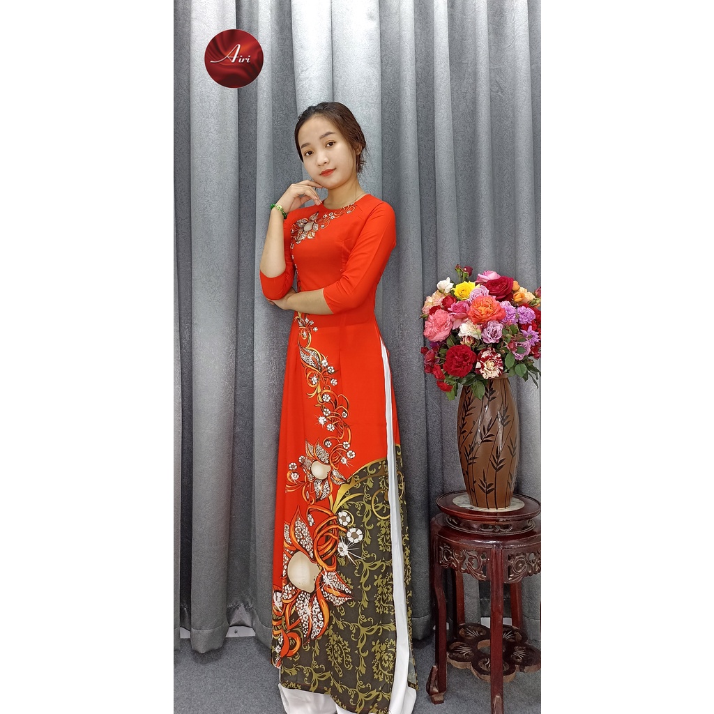 Áo dài nữ lụa nhật màu đỏ họa tiết hoa to - Áo dài Airi