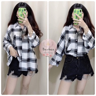 [Ảnh thật] Áo sơ mi nữ oversize kẻ sọc caro trắng đen ulzzang