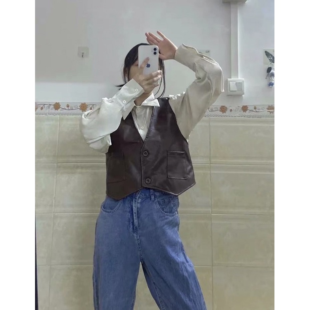 Áo gile da croptop áo khoác nữ phong cách độc lạ áo sơ mi dài tay hàn quốc