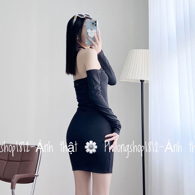 Đầm Body Trễ Vai Tay Dài Tôn Dáng Gợi Cảm Phối Cổ Yếm _[ẢNH_THẬT ] Phượng Shop1812