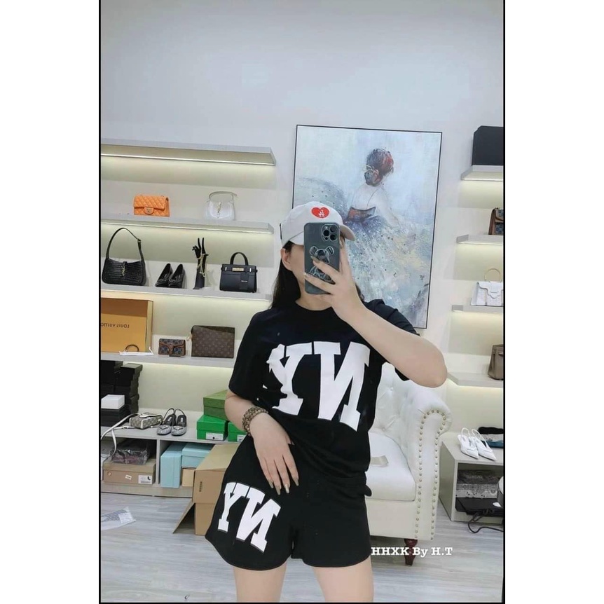 Đồ bộ nữ chữ  N. Y 2 màu đen than áo thun cộc tay phối quần short chất cotton 4 chiều