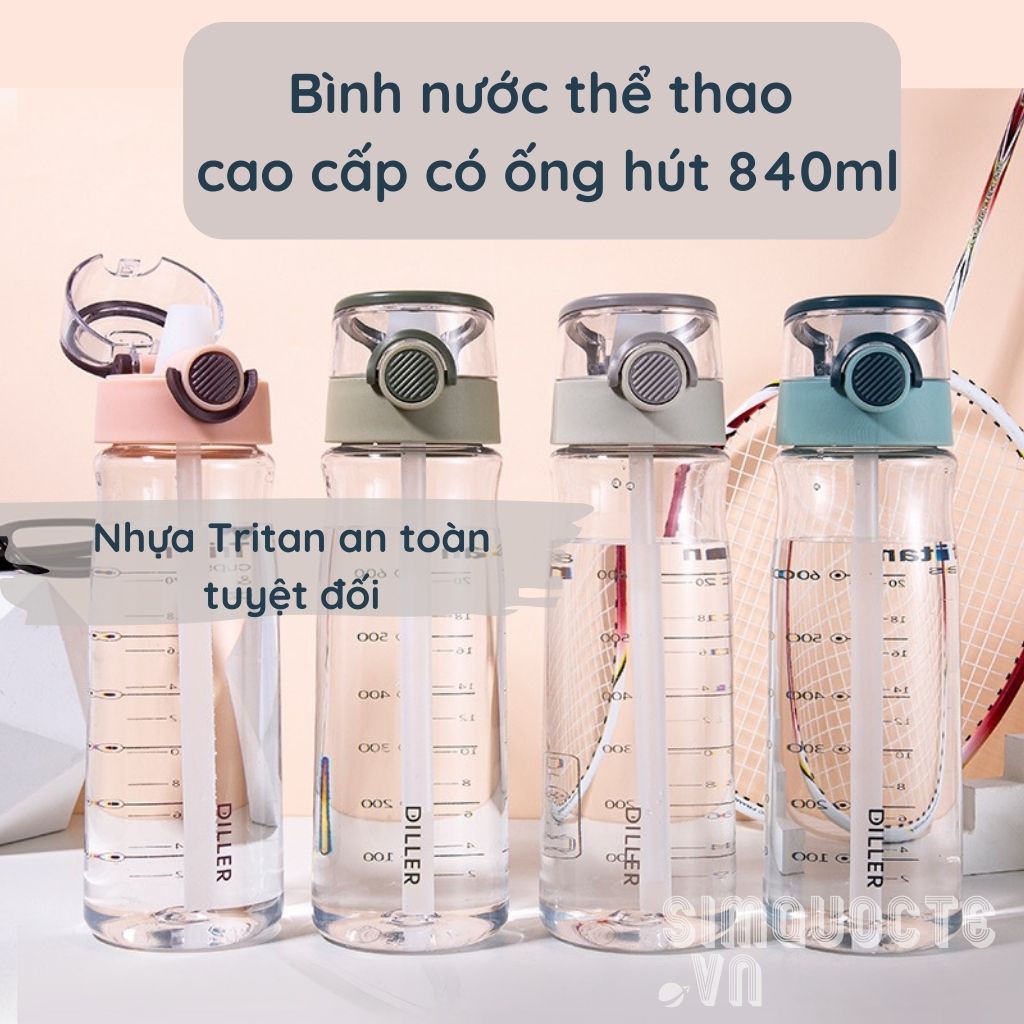 Bình nước thể thao detox kèm ống hút tháo rời 840ml BPA-free