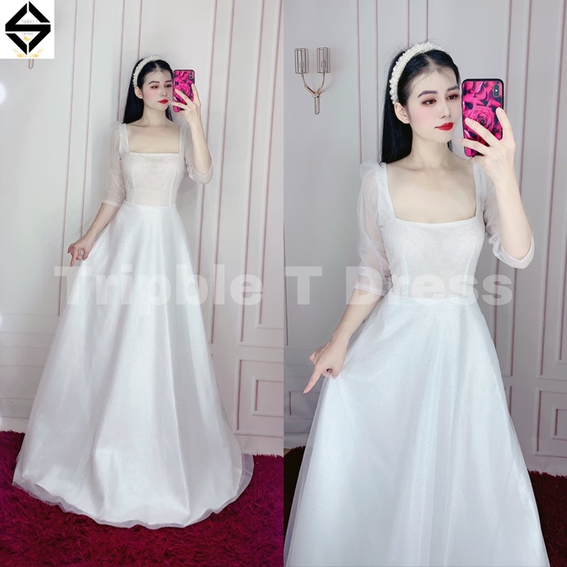 Đầm maxi mặc cưới TRIPBLE T DRESS nhẹ nhàng thanh lịch chất lưới nhũ lấp lánh - size M/L - MS191Y