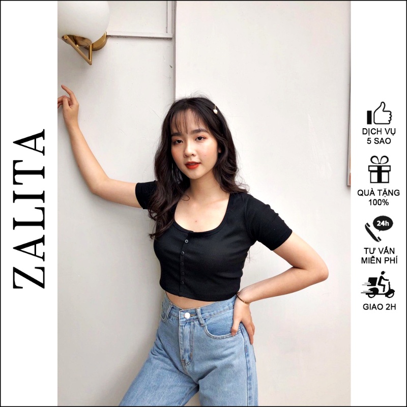 Áo Croptop Nữ Có Cúc Áo Len Tăm Nữ Co Giãn Tốt ZALITA A018