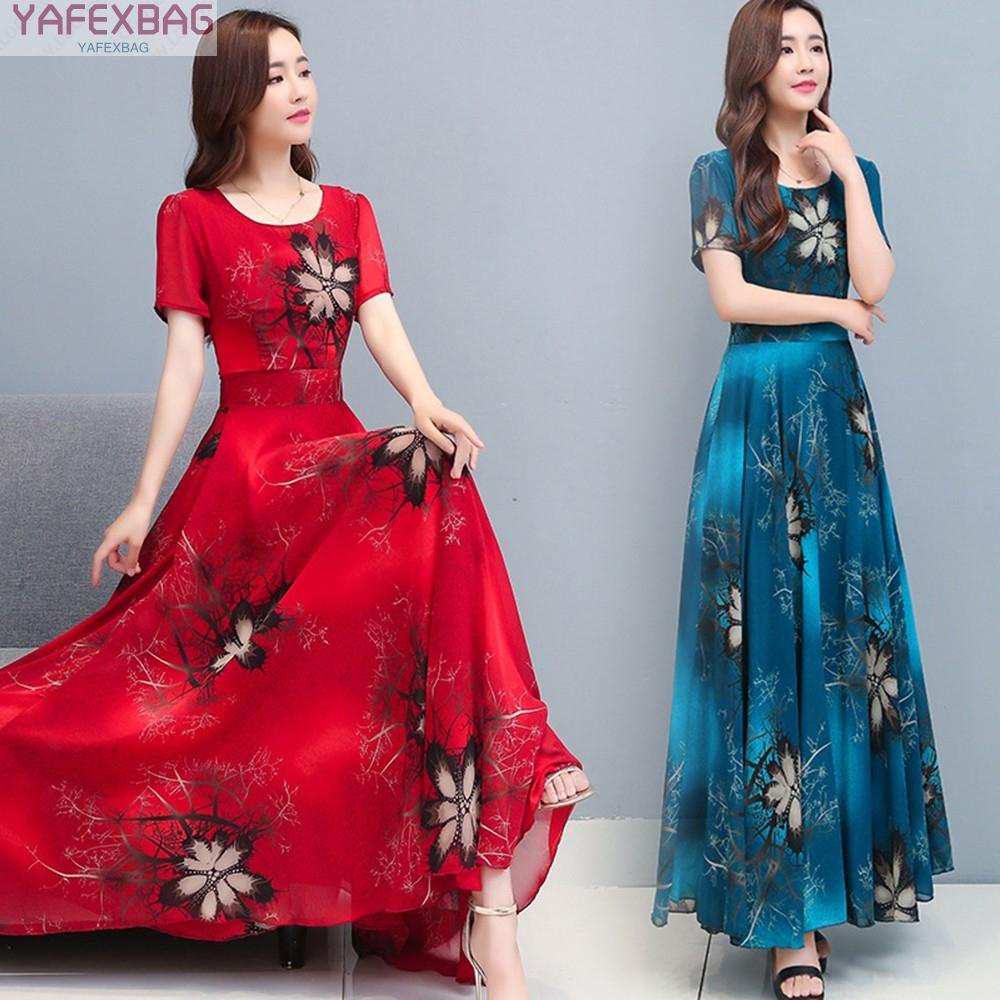 Women Elegant Beautiful Casual Dress Floral Pattern Round Neck Thin Short-sleeve A-line Long Dress Plus Size