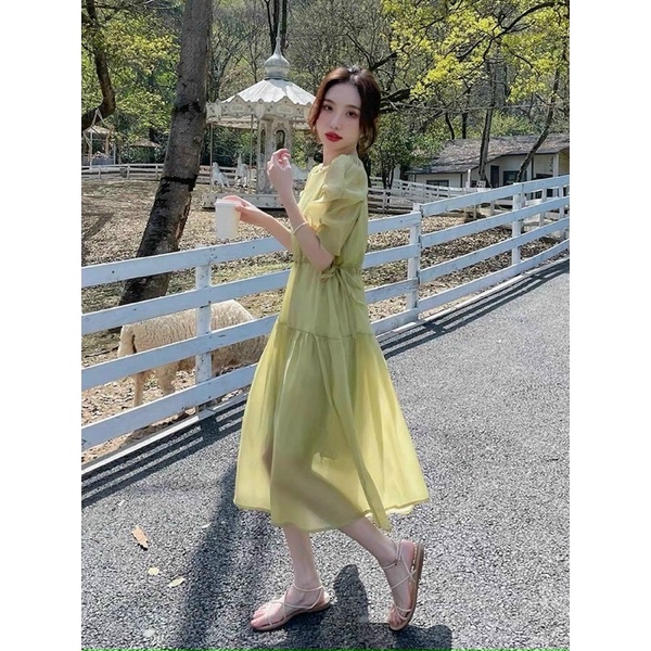 Đầm midi xanh lá voan tơ rút eo