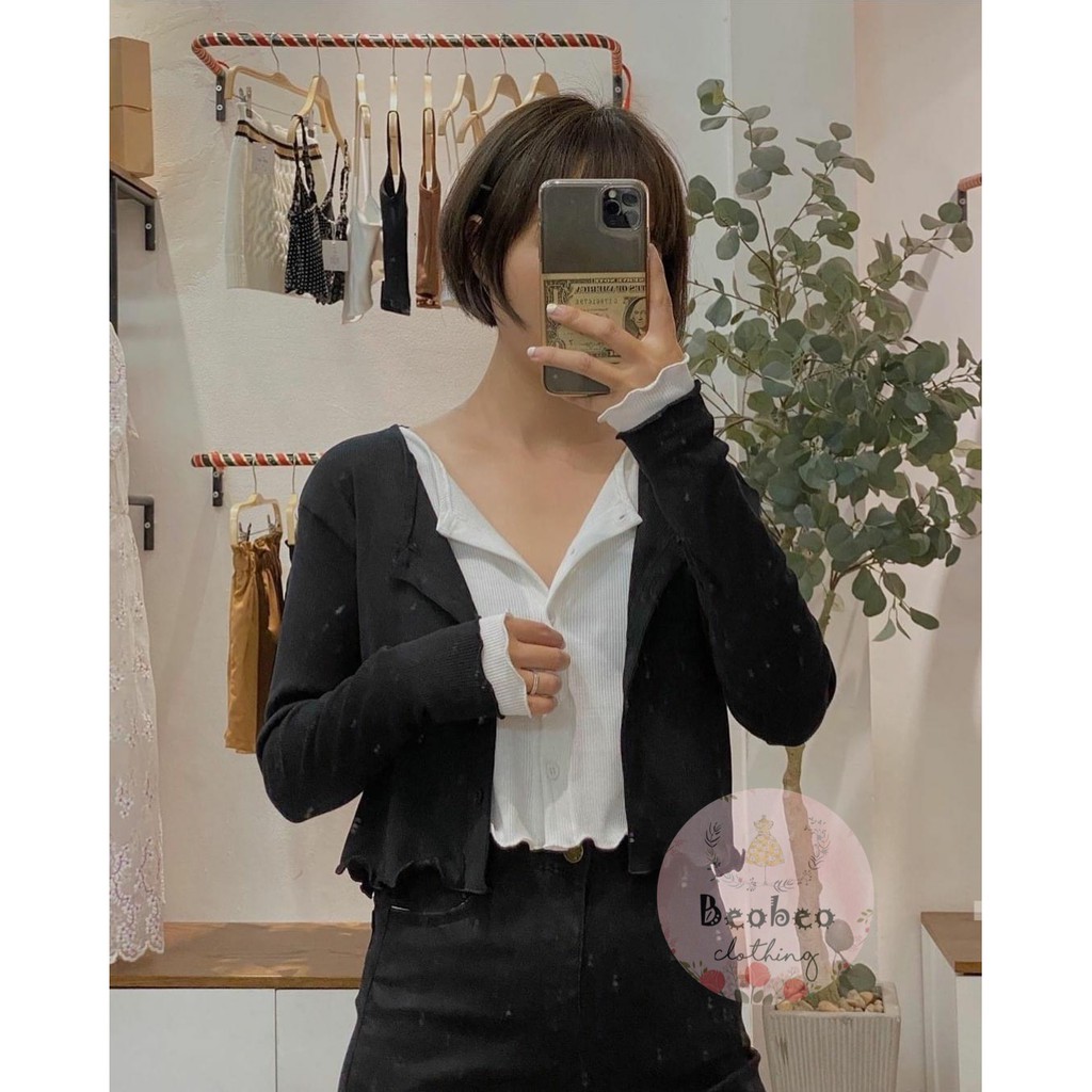 Set áo croptop tay dài phối nút 5 màu ulzzang