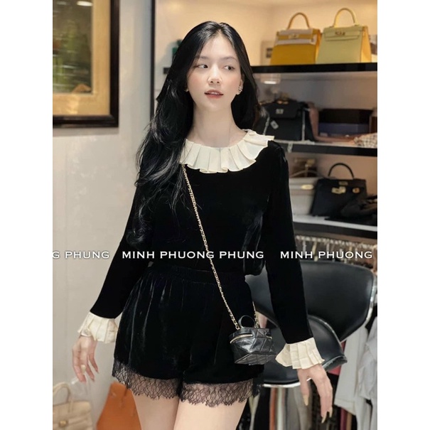 Sét nhung dài tay cổ be