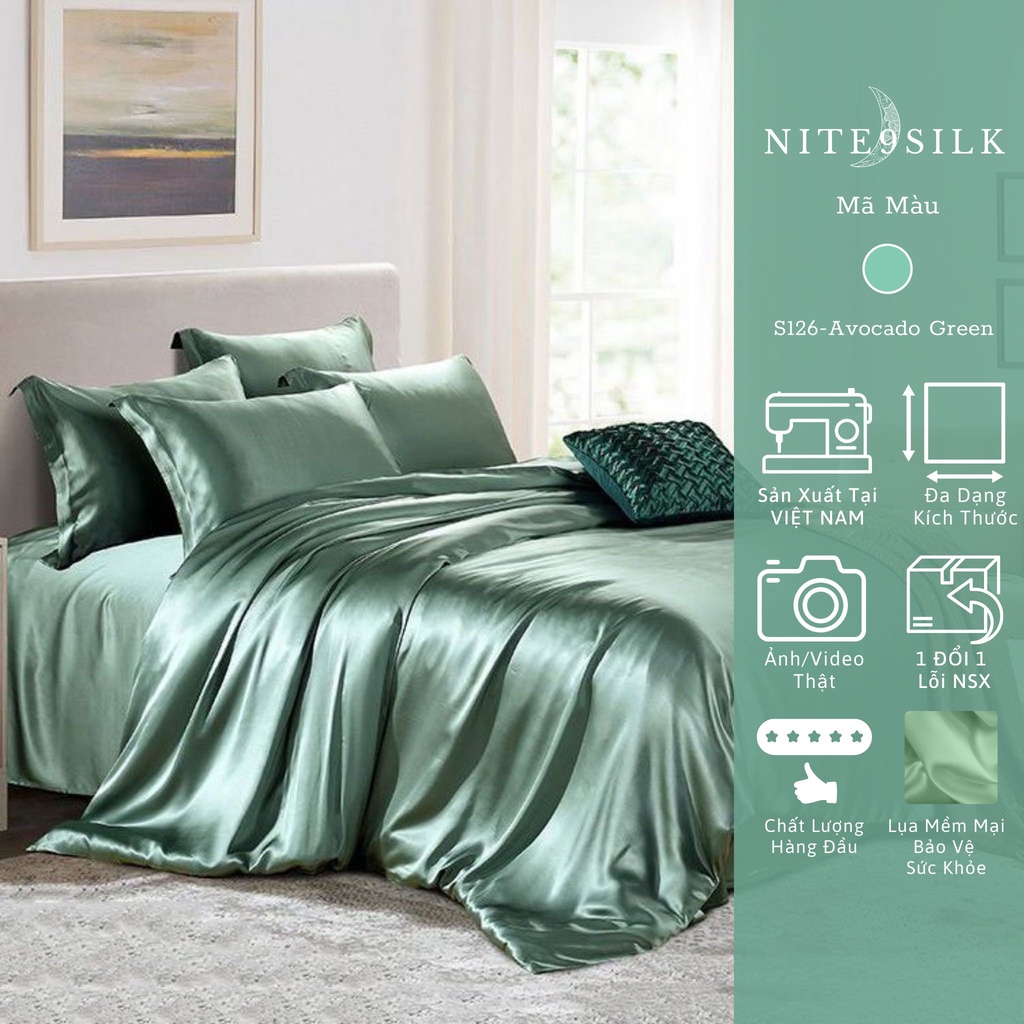Bộ Chăn Ga Gối Lụa Cao Cấp Set 5 Món Chăn Ga Gối Lụa Thoáng Mát, Mềm Mại, Màu Xanh Mint - Nite9 Silk