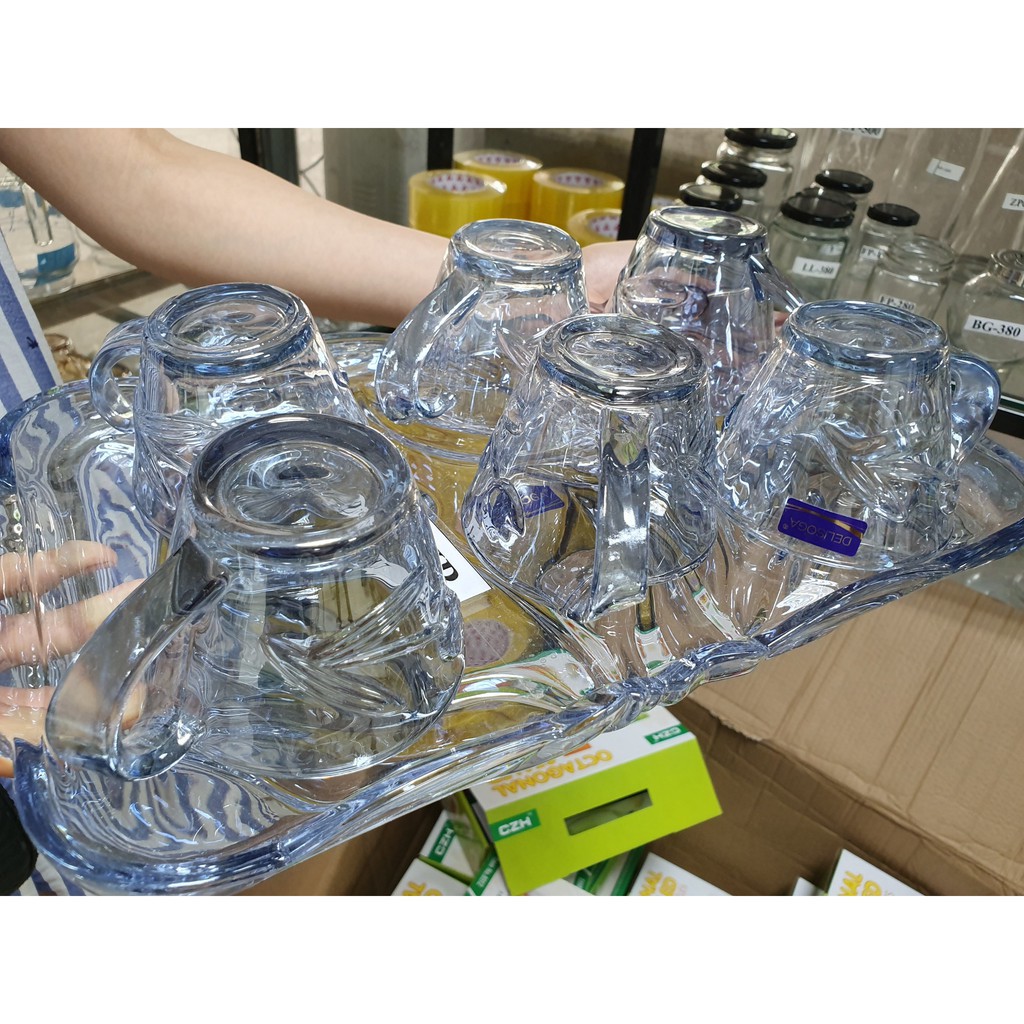 BỘ 6 CỐC KÈM KHAY SOGA THỦY TINH LỆCH XANH