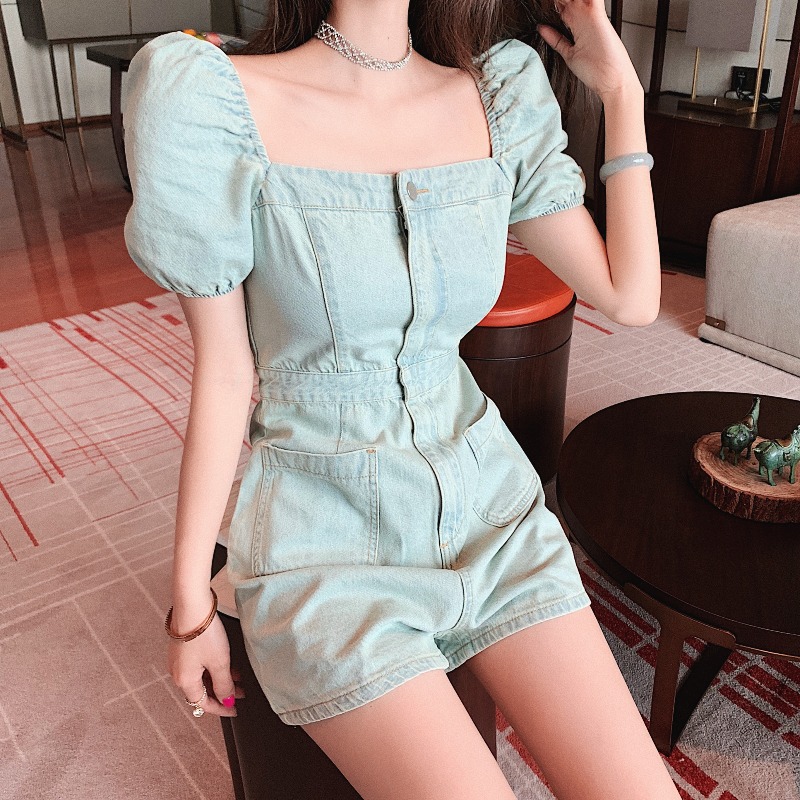 Jumpsuit Denim Lưng Cao Ống Rộng Thời Trang Mùa Hè 2020 Cho Nữ