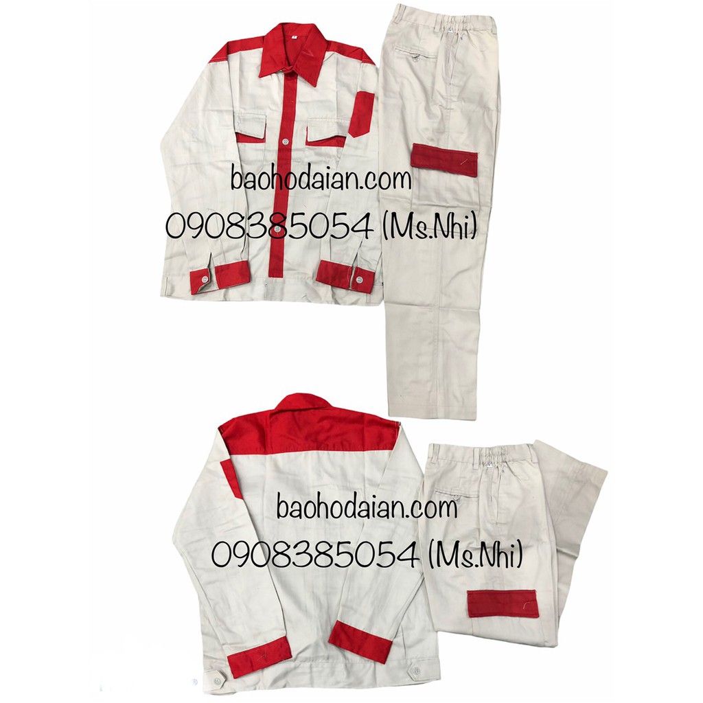 Quần áo bảo hộ lao động màu kem phối đỏ vải kaki thấm hút mồ hôi M04- Hình thật