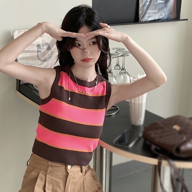Áo Croptop Dệt Kim Hai Dây Vải Lụa Mát Họa Tiết Kẻ Sọc Phong Cách Hàn Quốc Cho Nữ