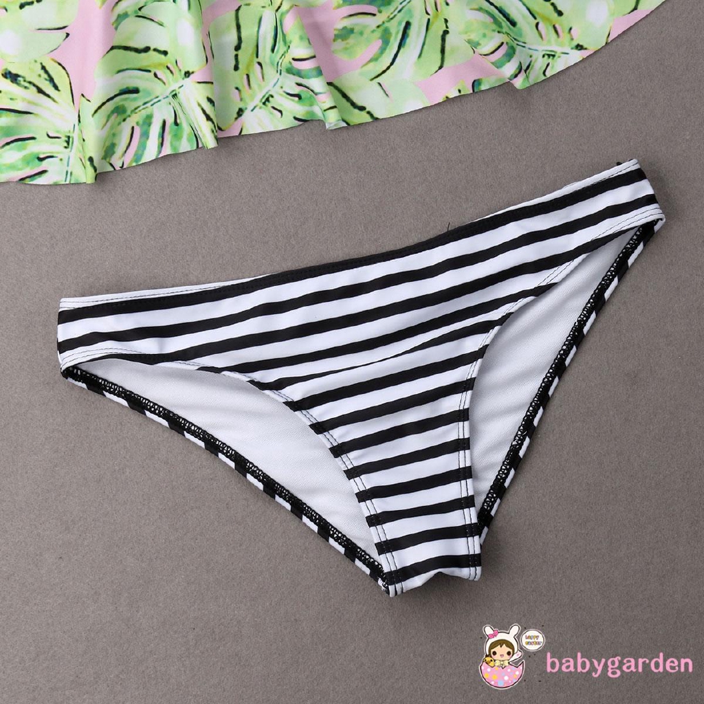 Bikini 2 mảnh họa tiết lá + sọc ngang phối bèo thời trang cho nữ