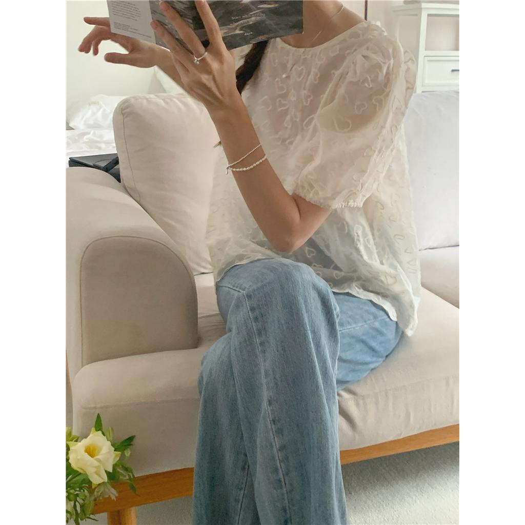 Áo Thun Cổ Tròn Tay Ngắn Thêu Hình Trái Tim Nhỏ Tinh Tế 52113 Phong Cách Hàn Quốc