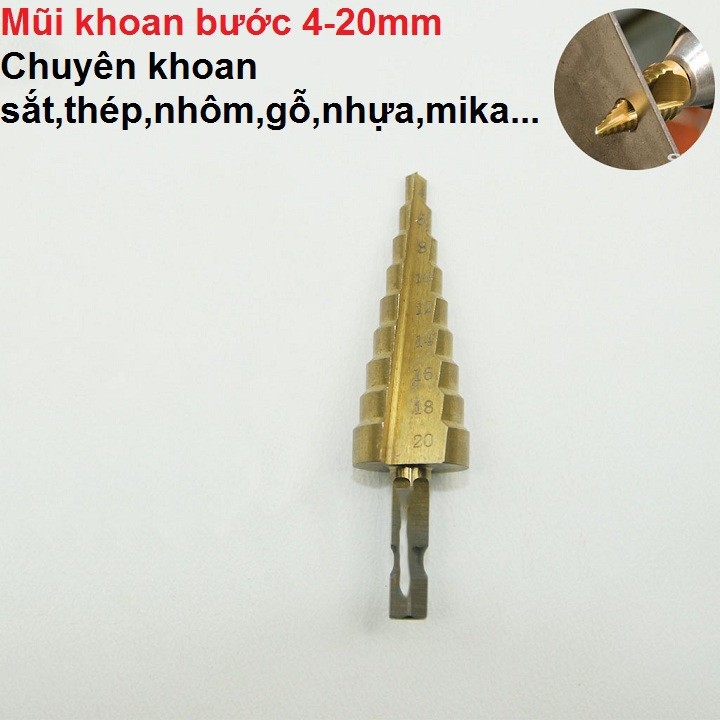 Mũi khoan bước tháp tầng 4-20mm phủ titan khoan kim loại,sắt,nhựa,gỗ..