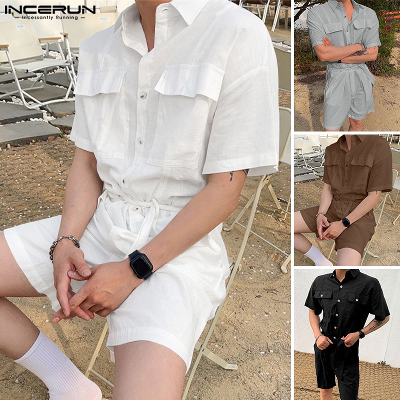 Jumpsuit INCERUN tay ngắn dáng rộng phối túi thời trang cá tính cho nam