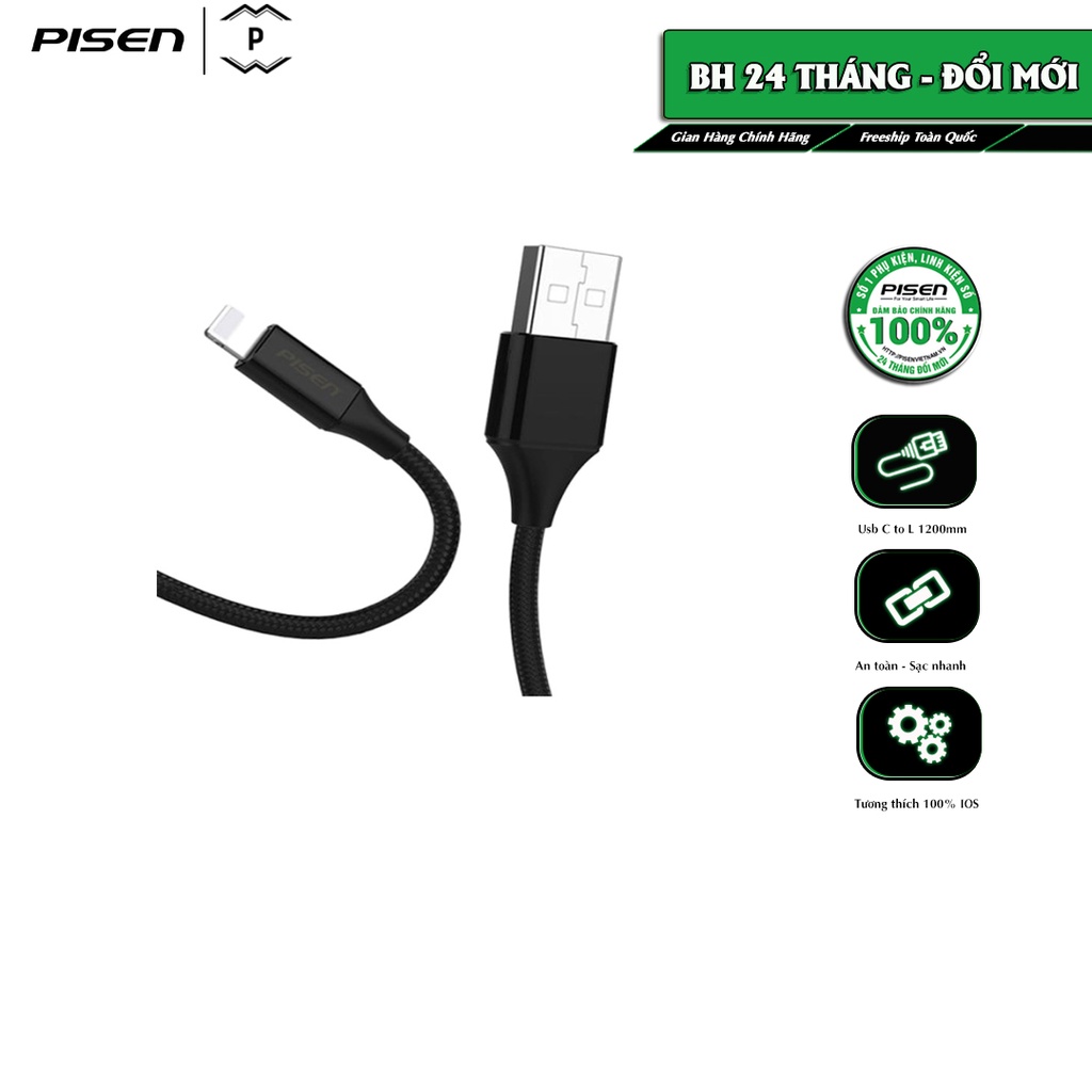 Cáp PISEN Pro USB to L braided 1,2m (Chống đứt & gẫy gập, Nylon bện, Fast 2.4A), model: AL17-1200 - Hàng chính hãng