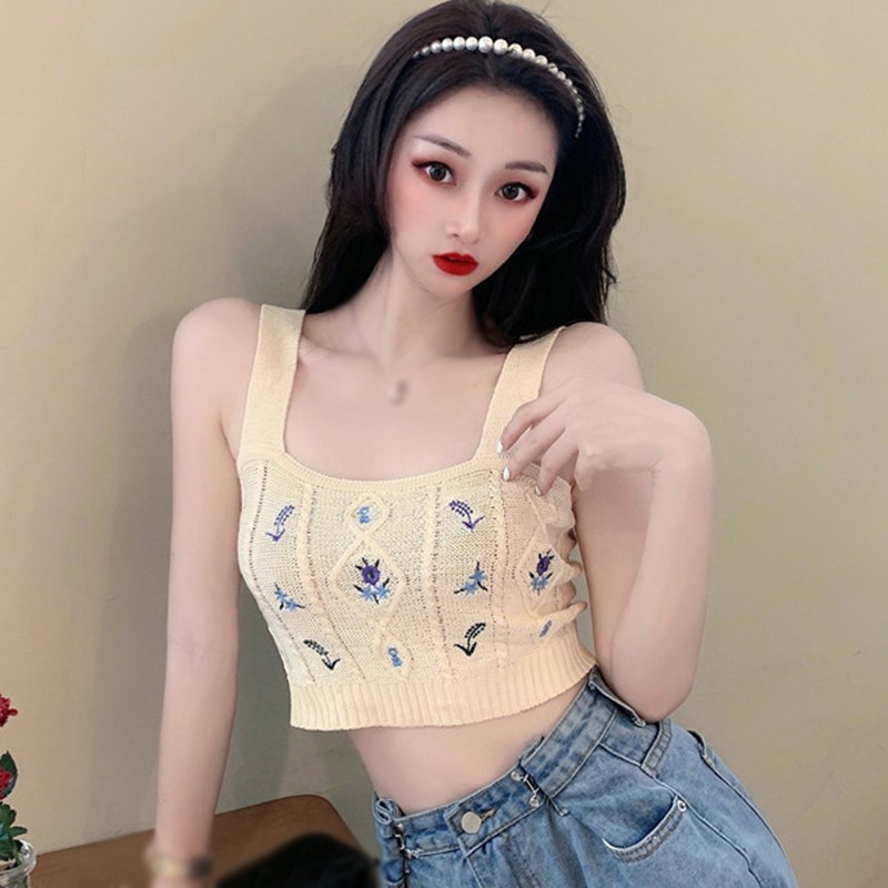 Women Knitted Tank Tops Floral Embroidery Camisole Summer Suspender Crop Top