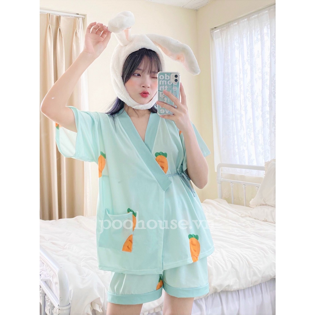 Đồ bộ nữ, bộ đồ ngủ kimono pijama cộc tay mặc nhà chất liệu cotton kiểu Nhật - Poohouse KIMONO-CAROT