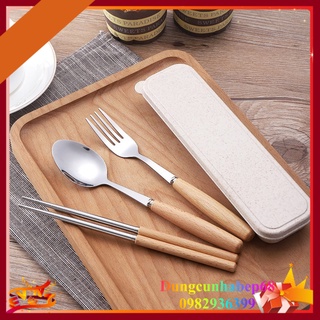 Thìa đũa cá nhân văn phòng - bộ muỗng thìa đũa dĩa inox kèm hộp lúa mạch cao cấp mang cơm đi làm - sạch sẽ tiện lợi