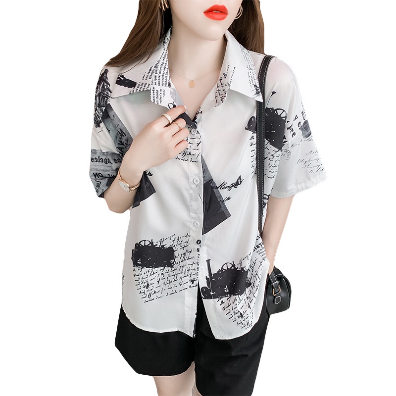 Áo sơ mi hoa tay ngắn cho nữ công sở mẫu mới 2022 form rộng vải cotton mặc cực mát dáng đẹp