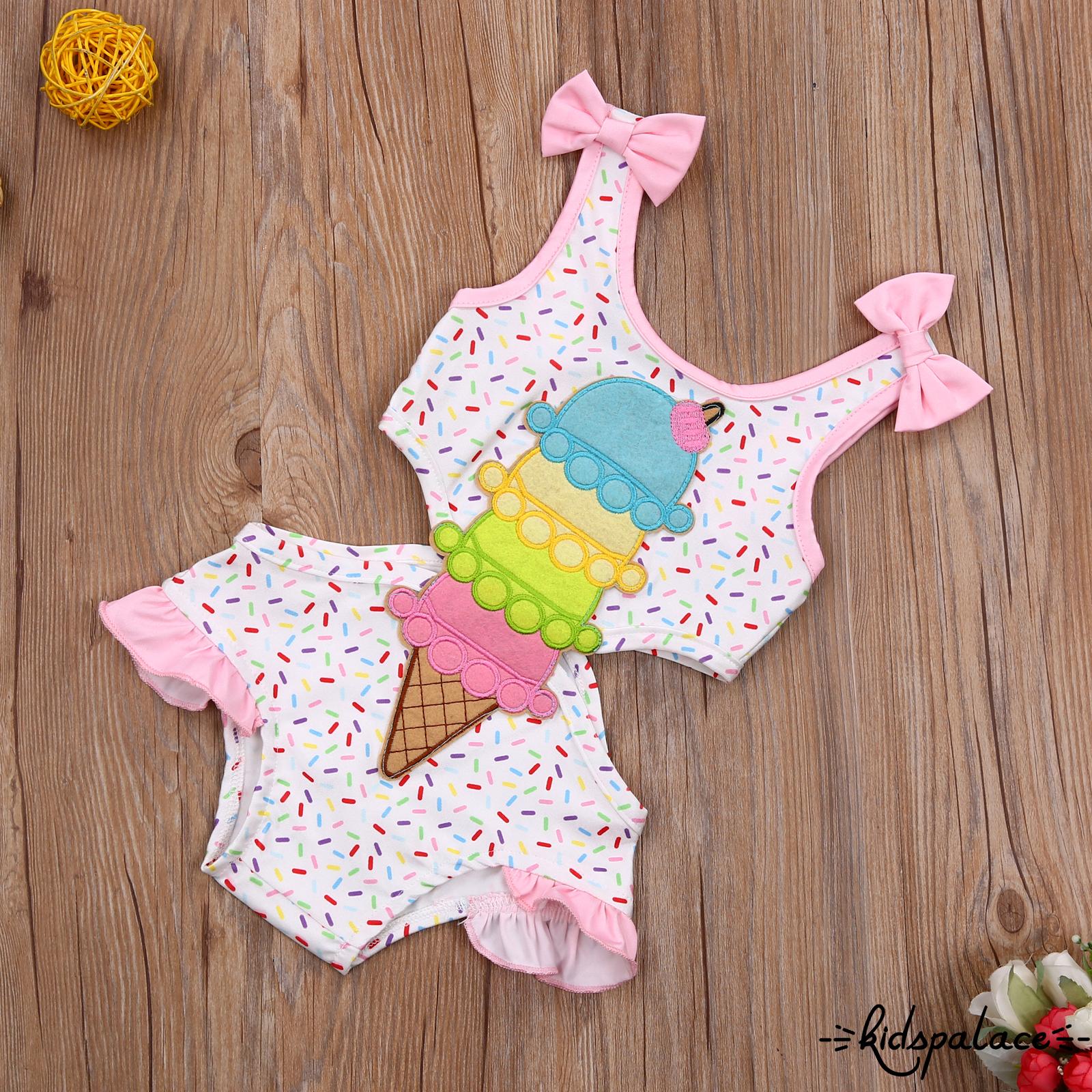 BbQ-Girl’s Sweet Ruffles One Piece Swimsuit Fashion Bow Ice Cream Print Hollow Suspender Swimsuit