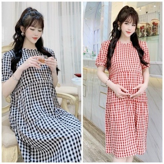 Váy bầu babydoll 3 tầng vải kẻ caro dễ diện đi làm, đi chơi, cafe, check in đến hết thai kỳ, ONESIZE đến 70kg