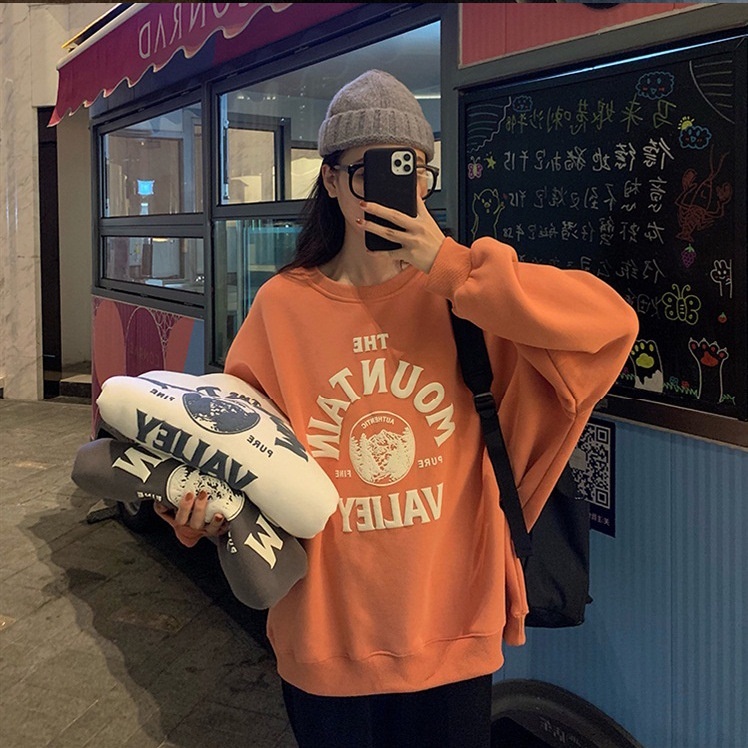 SUXI Áo Nỉ Tay Dài Cổ Tròn In Chữ Phong Cách Hàn Quốc