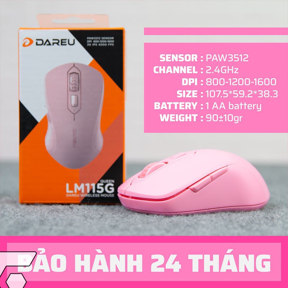 (Hàng Chính Hãng) Chuột Không Dây DAREU LM115G Pink (Màu Hồng) - Bảo hành 24 tháng