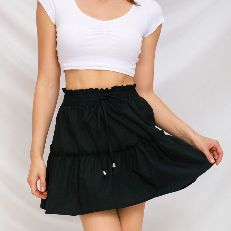 Chân Váy Xòe Chữ A Lưng Cao Màu Trơn Phối Dây Rút Phong Cách Boho Thời Trang Mùa Hè Cho Nữ