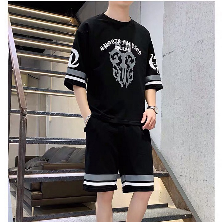 Bộ quần áo nam thể thao cộc tay mặc mùa hè in Hoa Văn, chất thun cotton 2 màu đen/trắng VST