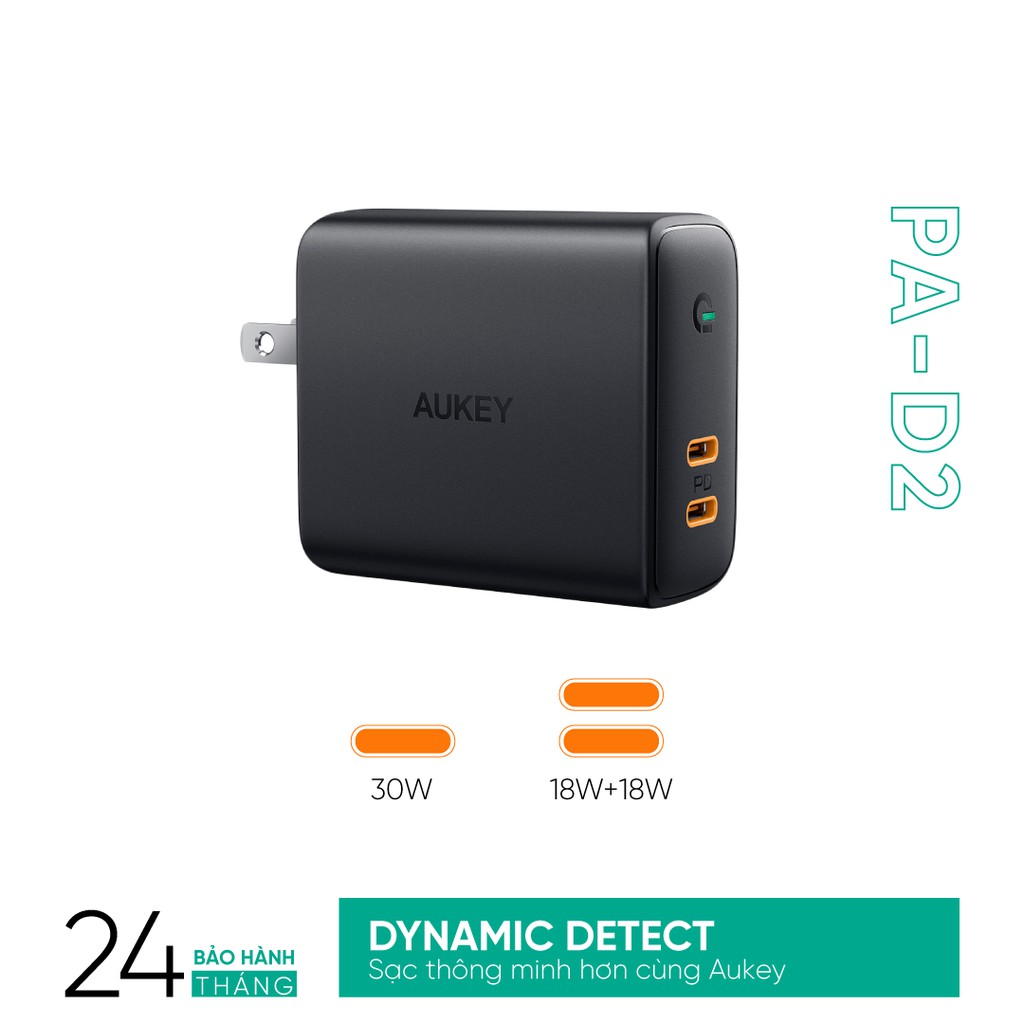 [Mã ELMALL300K giảm 5% đơn 500K] Cốc Sạc Nhanh 2 Cổng PD 36W AUKEY PA-D2, Công Nghệ Dynamic Detect - Hàng Chính Hãng