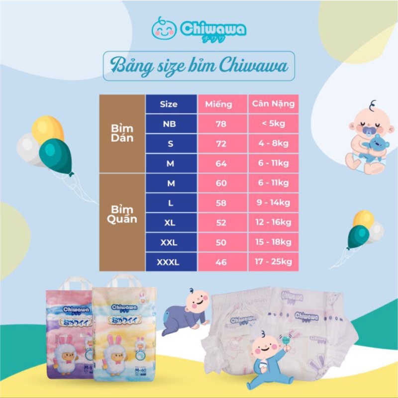 Tã/ bỉm quần Chiwawa size M60/L58/XL52/XXL50/XXXL46