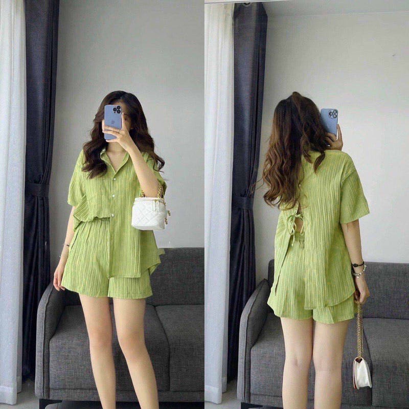 SQ029 Set Sơ Mi quần sooc thiết kế xẻ lưng buộc dây Áo sơ mi quần short màu xanh bơ hottrend chất vải đũi gân Quảng Châu