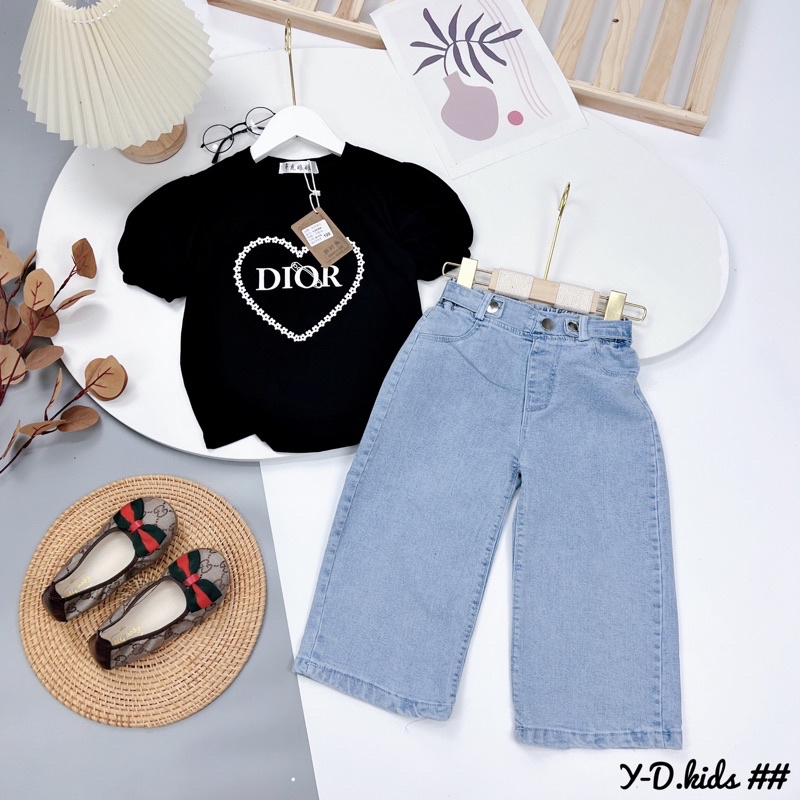 Sét bộ cho bé gái, áo cotton tàu quần jean mềm ống xuông size nhỡ 17-28kg
