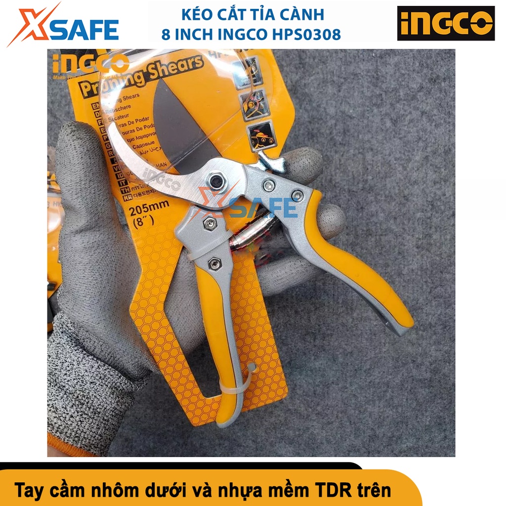 Kéo cắt cành cây 8.5''/220mm INGCO HPS0308, tay nhựa mềm TDR bên trên, lưỡi kéo chất lượng cao - [CHÍNH HÃNG][XSAFE]