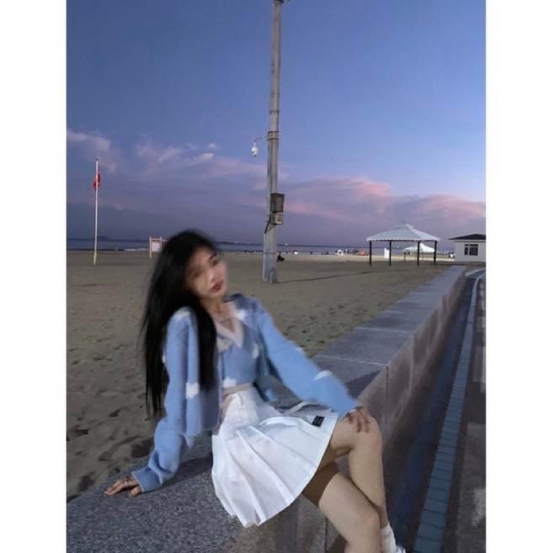 Set áo ba lỗ croptop len in hình mây kèm áo khoác cardigan len tay dài - Order taobao quảng châu