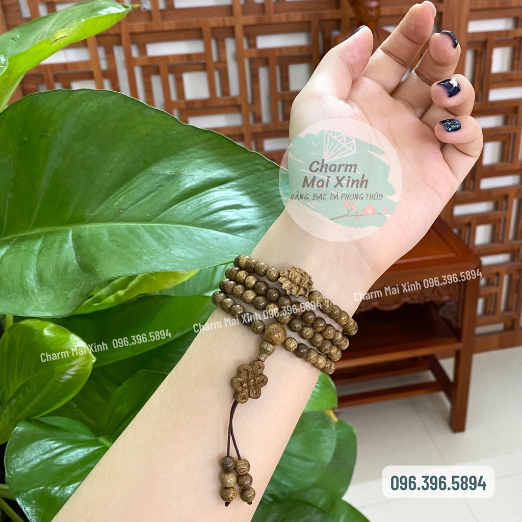 Chuỗi Trầm Hương Tốc 108 hạt phối Búp Sen Trầm và Nút Thắt Cát Tường Trầm - Vòng Tay Hoa Gỗ tự nhiên Nam Nữ phong thuỷ