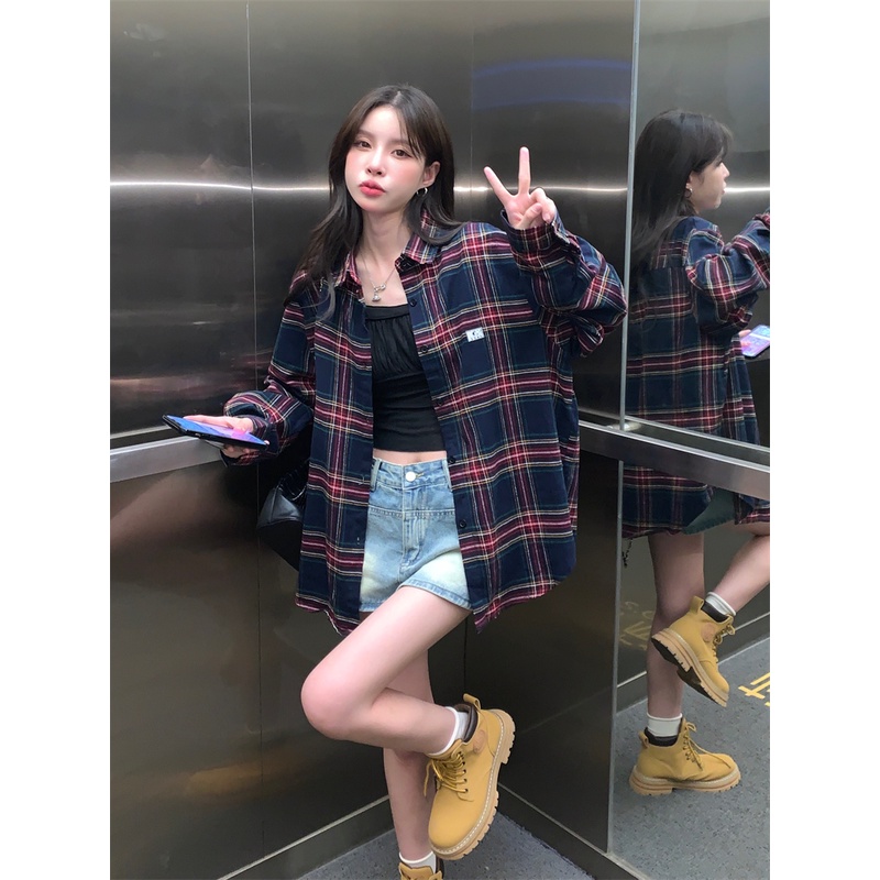 Áo sơ mi ZHELIHANGFEI tay dài dáng rộng họa tiết kẻ sọc phong cách học đường Mỹ thời trang dễ phối đồ