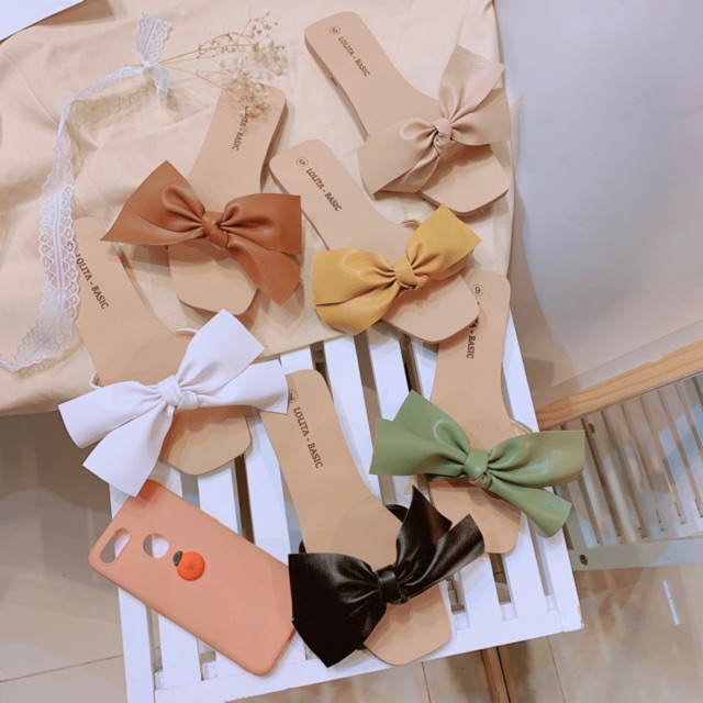 Dép nơ da thắt lolita basic