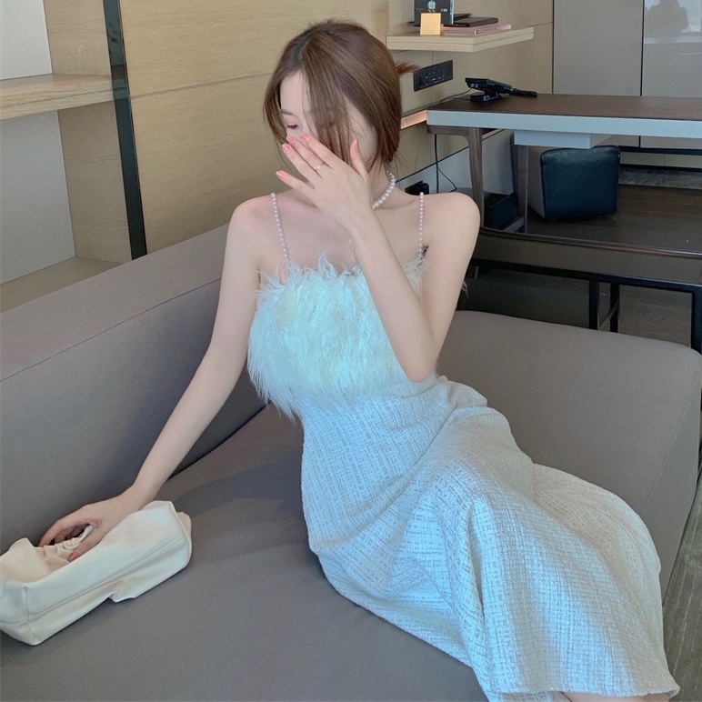 M186 - Váy tiểu thư bố Ulzzang hai dây hạt viền lông sang trọng