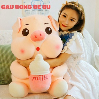 Gấu Bông Heo Ôm Bình Sữa Vải giãn 4 Chiều