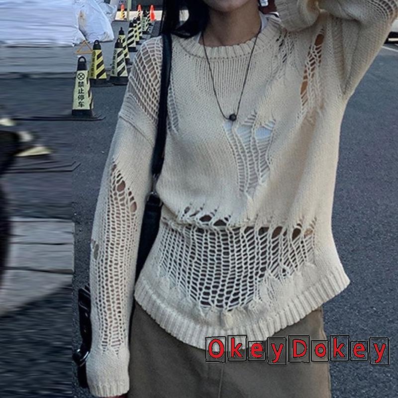 Odokey-y2k Áo Sweater Dệt Kim Chui Đầu Tay Dài Khoét Rỗng Kiểu Harajuku Gothic Mùa Thu