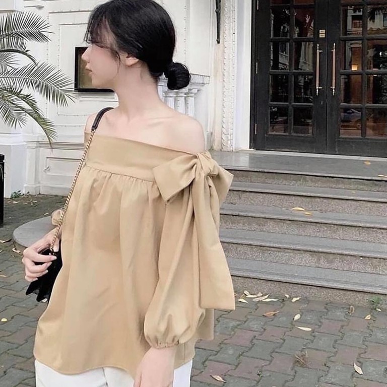 Áo kiểu nữ trễ vai đẹp tay ngắn buộc nơ Madela Chuẩn style Hàn Quốc, Áo babydoll bánh bèo dễ thương-AK03 | BigBuy360 - bigbuy360.vn