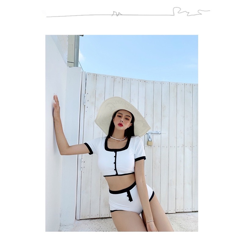 Bikini 2 mảnh uzzlang hàn quốc 2021 trắng viền đen cộc tay | BigBuy360 - bigbuy360.vn