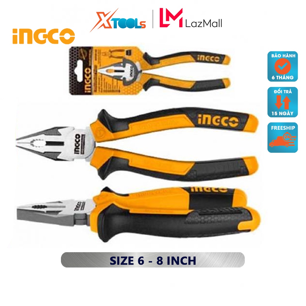 Kìm răng (điện) Ingco | Kìm Cắt Công Nghiệp Kích thước 6-8inch/160-200mm Đầu kềm được đánh bóng và chống gỉ, dùng để cắt