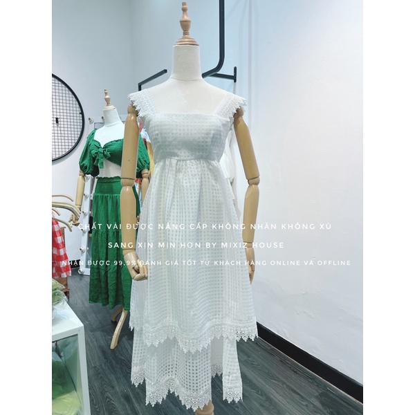 Đầm maxi trắng 2 dây xô ren hoa